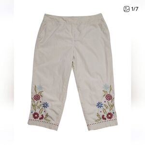 J. Jill Cream Lightweight Pants with Floral Embroidery 14P
